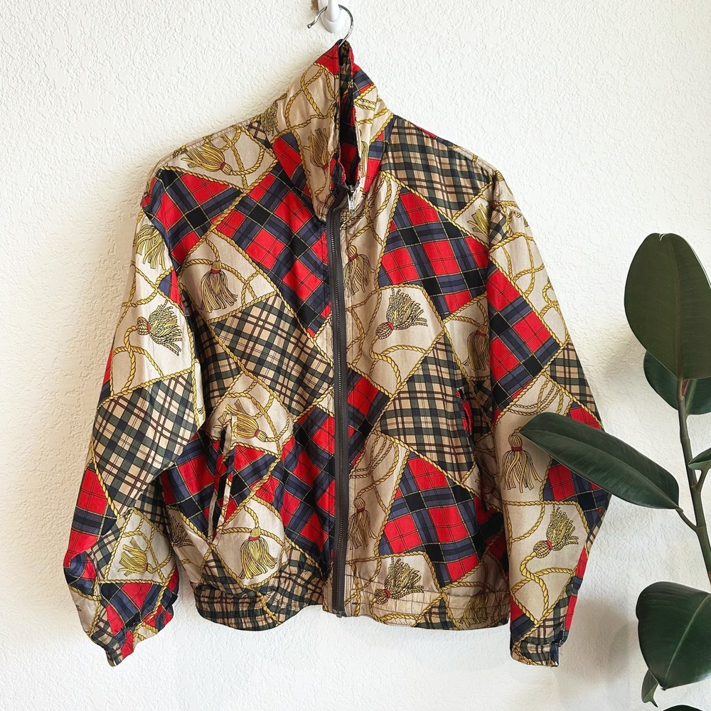 VTG Stunt Sports Silk Bomber Jacket (Small P) Equestrian Print Old Money Preppy
